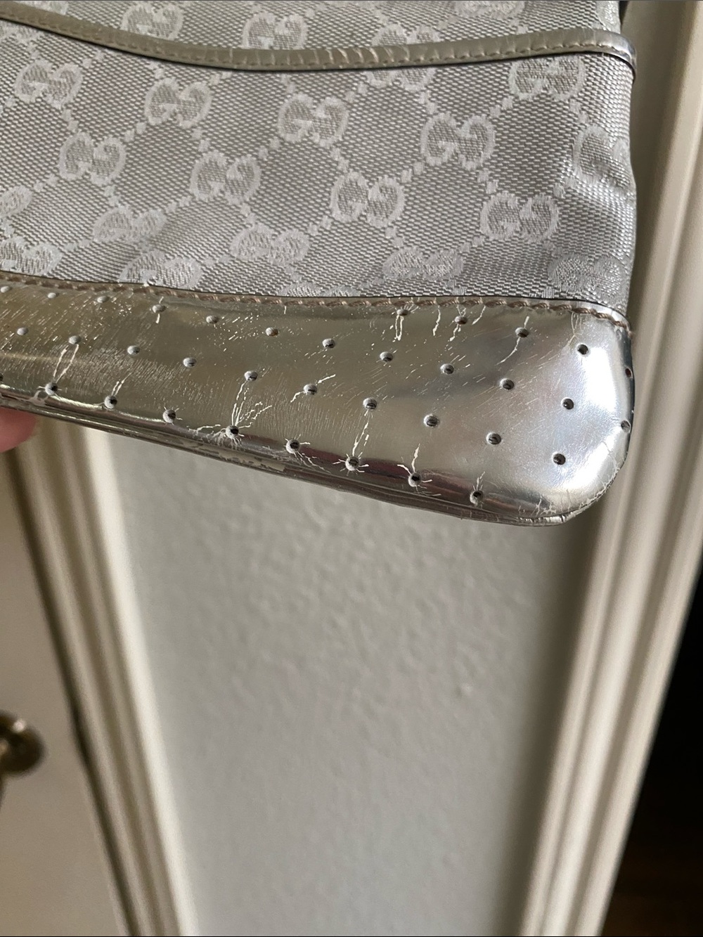 Gucci Silver Monogram Crossbody with Striped Web Strap - Picture 9 of 11